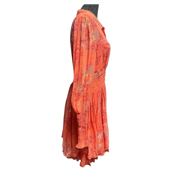 Free People Coquette Priest Sleeve Orange Floral Mini Dress Size Medium - Picture 3 of 9